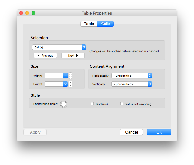 Table Properties (Cells)