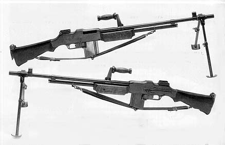 The BAR uses a .30(30-06) cartridge.  It was air cooled, gas operated, and magazine fed.