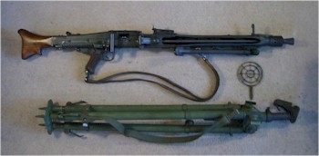 The Machinengewehr better known as the MG-42, was the favored light machine gun of Germany. (Shown with tripod for anti-aircraft use).