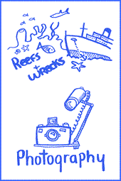 A drawing of a reef, a wreck, and a camera.